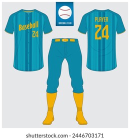 Baseball uniform or baseball jersey mock up. Sportswear, t-shirt sport, short, sock template. Front and back view baseball kit. Flat baseball logo on blue label. Vector Illustration.