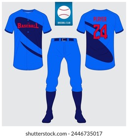 Baseball uniform or baseball jersey mock up. Sportswear, t-shirt sport, short, sock template. Front and back view baseball kit. Flat baseball logo on blue label. Vector Illustration.