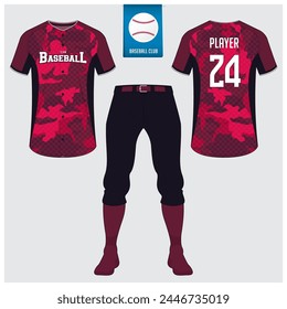 Baseball uniform or baseball jersey mock up. Sportswear, t-shirt sport, short, sock template. Front and back view baseball kit. Flat baseball logo on blue label. Vector Illustration.