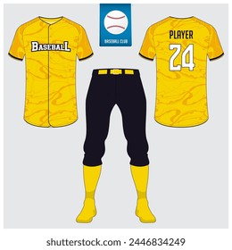 Baseball uniform or baseball jersey mock up. Sportswear, t-shirt sport, short, sock template. Front and back view baseball kit. Flat baseball logo on blue label. Vector Illustration.