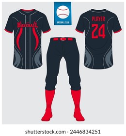 Baseball uniform or baseball jersey mock up. Sportswear, t-shirt sport, short, sock template. Front and back view baseball kit. Flat baseball logo on blue label. Vector Illustration.