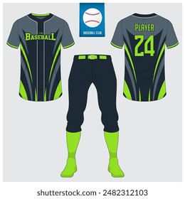Baseball-Uniform oder Baseball-Trikot-Mock-up. Sportbekleidung, T-Shirt Sport, kurz, Socken Vorlage. Baseball-Kit mit Front- und Rückansicht. Flaches Baseball-Logo auf blauem Etikett. Vektorillustration.