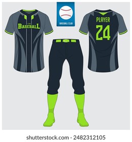 Baseball-Uniform oder Baseball-Trikot-Mock-up. Sportbekleidung, T-Shirt Sport, kurz, Socken Vorlage. Baseball-Kit mit Front- und Rückansicht. Flaches Baseball-Logo auf blauem Etikett. Vektorillustration.