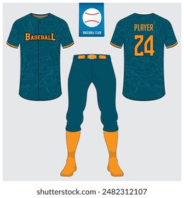 Baseball uniform or baseball jersey mock up. Sportswear, t-shirt sport, short, sock template. Front and back view baseball kit. Flat baseball logo on blue label. Vector Illustration.