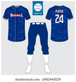 Uniforme de béisbol o maqueta de camiseta de béisbol. Ropa deportiva, camiseta sport, corto, Plantilla de calcetín. Kit de béisbol con vista frontal y posterior. Logo plano de béisbol en etiqueta azul. Ilustración vectorial.