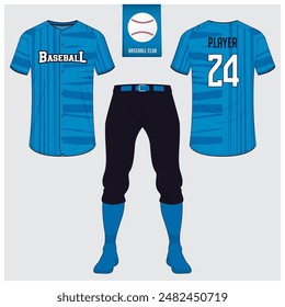 Baseball uniform or baseball jersey mock up. Sportswear, t-shirt sport, short, sock template. Front and back view baseball kit. Flat baseball logo on blue label. Vector Illustration.
