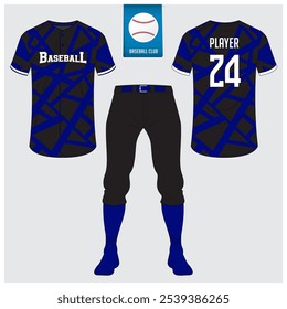 Uniforme de beisebol ou camisa de beisebol zombam. Traje esportivo, camiseta esporte, curto, modelo de meia. Kit de beisebol com vista frontal e traseira. Logotipo de beisebol plano em etiqueta azul. Ilustração de vetor.