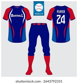 Baseball uniform or baseball jersey mock up. Sportswear, t-shirt sport, short, sock template. Front and back view baseball kit. Flat baseball logo on blue label. Vector Illustration.