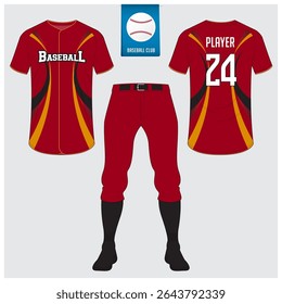 Baseball uniform or baseball jersey mock up. Sportswear, t-shirt sport, short, sock template. Front and back view baseball kit. Flat baseball logo on blue label. Vector Illustration.