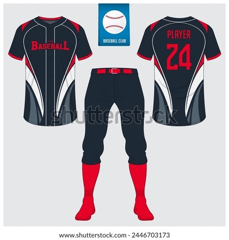 Baseball uniform or baseball jersey mock up. Sportswear, t-shirt sport, short, sock template. Front and back view baseball kit. Flat baseball logo on blue label. Vector Illustration.