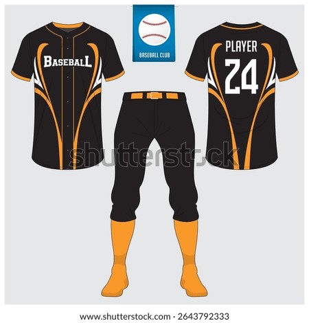 Baseball uniform or baseball jersey mock up. Sportswear, t-shirt sport, short, sock template. Front and back view baseball kit. Flat baseball logo on blue label. Vector Illustration.