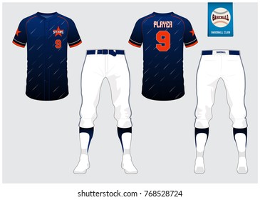 Baseball Uniform, Sport Jersey, Raglan T-shirt Sport, Short, Sock Template. Baseball T-shirt Mock Up. Front And Back View Sport Uniform. Flat Baseball Logo On Blue Label. Vector Illustration.