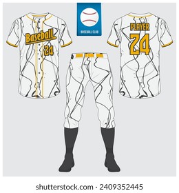 Baseball uniform, sport jersey, t-shirt sport, short, sock template. Baseball t-shirt mock up. Front and back view sport uniform. Flat baseball logo on blue label. Vector Illustration.