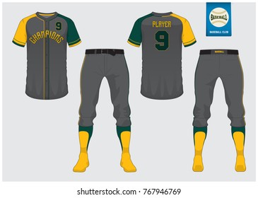 Baseball uniform, sport jersey, t-shirt sport, short, sock template. Baseball t-shirt mock up. Front and back view sport uniform. Flat baseball logo on blue label. Vector Illustration.