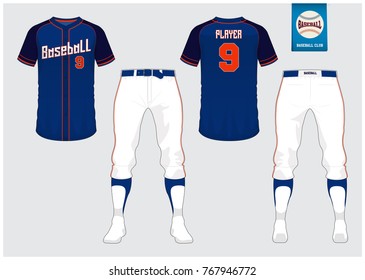 Uniforme de béisbol, camiseta deportiva, deporte de camisetas, plantilla corta, calcetines. Una camiseta de béisbol se burla. Uniforme deportivo de visión frontal y trasera. Logo plano de béisbol con etiqueta azul. Ilustración vectorial.