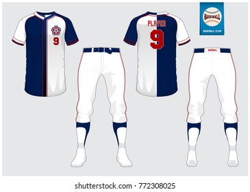 Baseball Uniform, Sport Jersey, T-shirt Sport, Short, Sock Template. Baseball T-shirt Mock Up. Front And Back View Sport Uniform. Flat Baseball Logo On Blue Label. Vector Illustration.