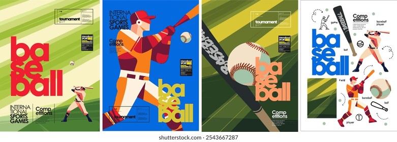 Beisebol. Ilustração abstrata vetorial de jogador de beisebol esportivo, campo, bastão, bola, objetos e ícones para cartaz, fundo, bilhete ou folheto