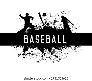 Baseball vector grunge label or emblem with black silhouettes of playing sportsmen in helmet with bat hit ball on stadium. Sport game championship, tournament league, icon isolated on white background