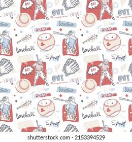 Baseball vector pattern for textile design. Baseball glove seamless background. Hand drawing, sketch.