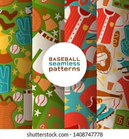 Baseball vector seamless pattern catchers sportswear and batters baseballbat or ball for competition backdrop illustration sportsman clothes with catchers glove background set banner.