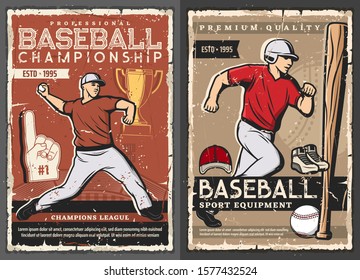 Baseball victory cup championship and professional spot batter bat, glove and ball equipment shop. Vector vintage retro posters, softball team and college league club players tournament