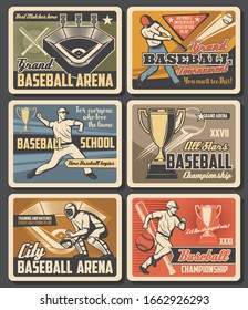 Baseball victory cup championship, team league playoff tournament at grand arena vintage retro posters. Vector baseball school fan club and college softball team sport