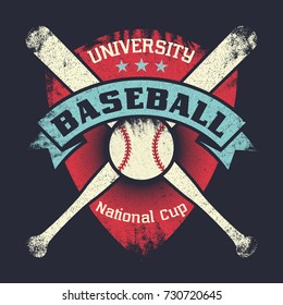 Baseball vintage grunge poster with shield, stars, crossed bats and ball. University national cup. Retro vector illustration