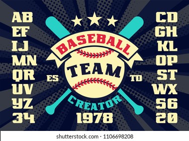 Baseball vintage team logo creator with stars, crossed bats and ball. Alphabet letters. Retro vector illustration