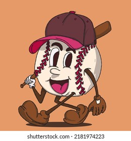 baseball walking mascot vector illustration with face. for vintage retro logos and branding. funky vintage style cartoon face vector illustration