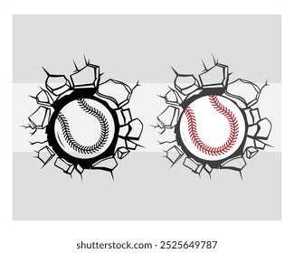 Baseball In the Wall, Broken Baseball, Ripped Baseball, Baseball Silhouette, Sports, Softball Silhouette, Ball, Png, Vector, Clipart, Softball, Broken Softball, Ripped Softball