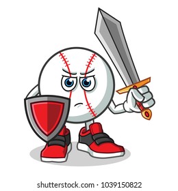 baseball warior holding sword and shield mascot vector cartoon illustration