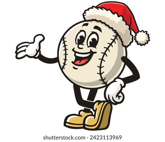 Béisbol con sombrero de Navidad caricatura mascota ilustración personaje vector clip arte dibujado a mano