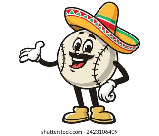 Béisbol con sombrero mexicano, caricatura de mascota, personaje de clip vectorial dibujado a mano