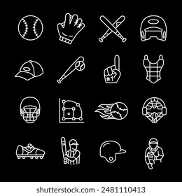 Baseball, white line icons. Icons depicting the game of baseball, equipment and players. sports and recreational themes. Symbols on black background. Editable stroke.