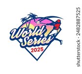 Baseball world series tournament with a beach and sunset theme. Baseball tournament logo. World series baseball logo. 