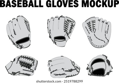 Béisbol-guantes-diseño-Ropa deportiva-seis-6 ángulos diferentes-frente-atrás-lados-2d-Vector-línea arte- maqueta