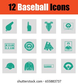 Baseballl icon set. Green on gray design. Vector illustration.