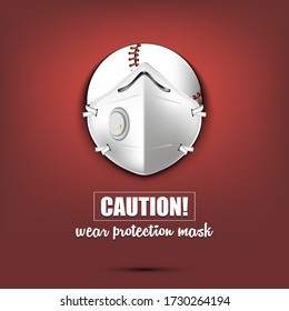 Baseballr ball with a protection mask. Caution! wear protection mask. Stop coronavirus covid-19 outbreak. Risk disease. Cancellation of sports tournaments. Pattern design. Vector illustration