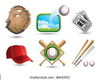 Baseballs, Fledermäuse, Diamant, Mütze, Eintrittskarten und Handschuh auf weißem Hintergrund