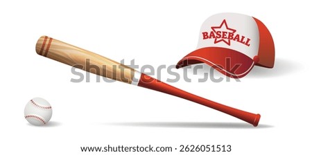 Baseballs elements. Realistic baseball cap bat and ball isolated vector illustration