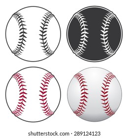 Baseballs is an illustration of a baseball in four styles from simple black and white to complex full color. - Shutterstock ID 289124123