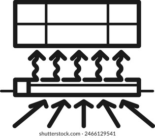 Baseboard floor heater home icon with air flow symbol.