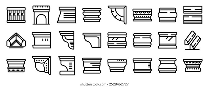 Conjunto de ícones de moldagem de placa-base. Conjunto de ícones de elementos arquitetônicos mostrando tipos e estilos de moldagem de cornija