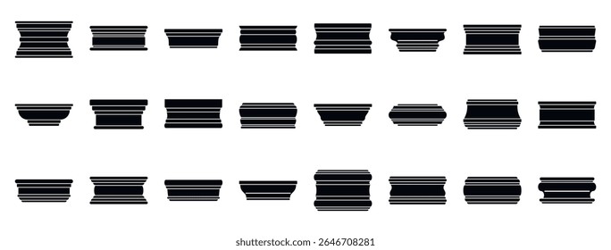 Conjunto de ícones de moldagem de placa-base. Bases de colunas arquitetônicas em diferentes estilos e formas, fornecendo opções para diversas necessidades de construção e design