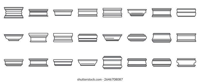 Baseboard molding icons set. Column bases representing different architectural styles for building construction are illustrated on white background