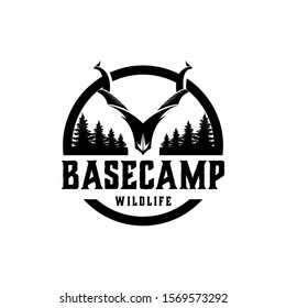 Basecamp hunting wildlife deer wild goat capra horns skull element, simple minimalist icon vintage round design.