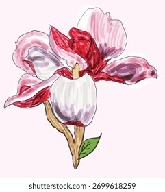 Com base no desenho e nas características visuais, a flor é uma magnólia. Este tipo de flor é conhecido por suas pétalas grandes e forma distinta. 