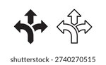 Based on the image, here is a description:

This image displays two variations of a three-way decision icon on a white background. A single path or stem branches into three arrows, pointing left, straight (up), and right. The icon on the left features a solid black fill, while the icon on the right is presented as a black line outline. Both graphics symbolize a choice, a fork in the road, or navigation options.