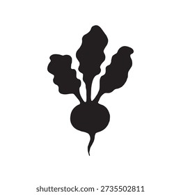 Based on the image, here is a description:

This minimalist image displays a black silhouette of a root vegetable, likely a radish or small beet. The simple, iconic design features a round bulb at the base with a small taproot, from which three large, wavy leaves grow upwards. The solid black shape is centered against a plain white background.