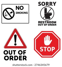 Based on the image, here is a description:

This image displays a collection of four common warning and informational signs. The top row includes a 